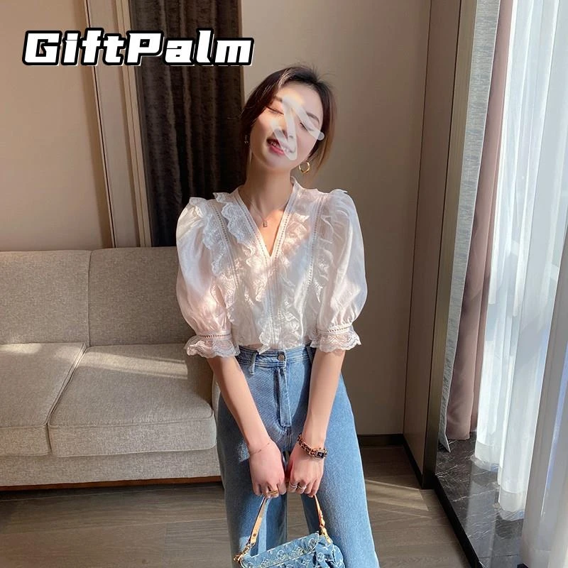 GiftPalmpinkeen珍珠白蕾丝拼接上衣女夏季新轻薄气质高级感短袖