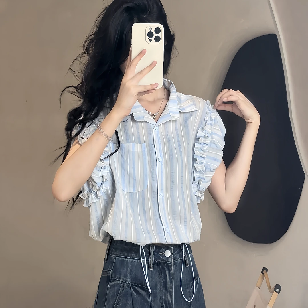 7534竖条纹polo领短袖衬衫女新款夏季时尚设计感百搭抽绳上衣Z