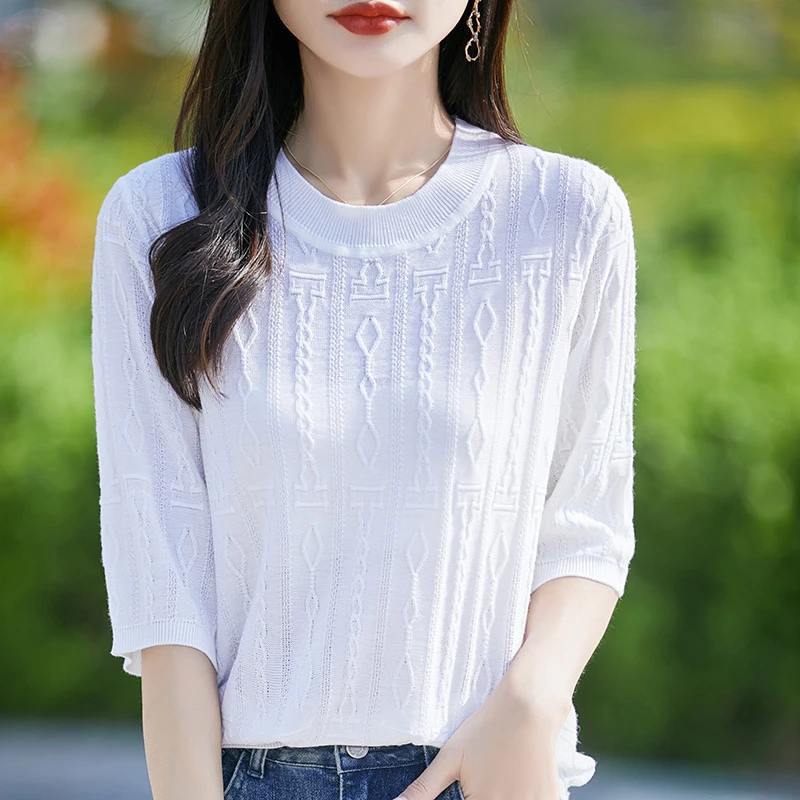 夏季精纺羊毛短袖女显瘦圆领绞花纯色半袖宽松薄款时尚T恤PY6178