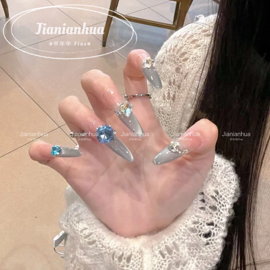 纯手工穿戴甲蓝色多瑙河美甲蓝色渐变爆闪猫眼法式堆甲片穿戴美甲