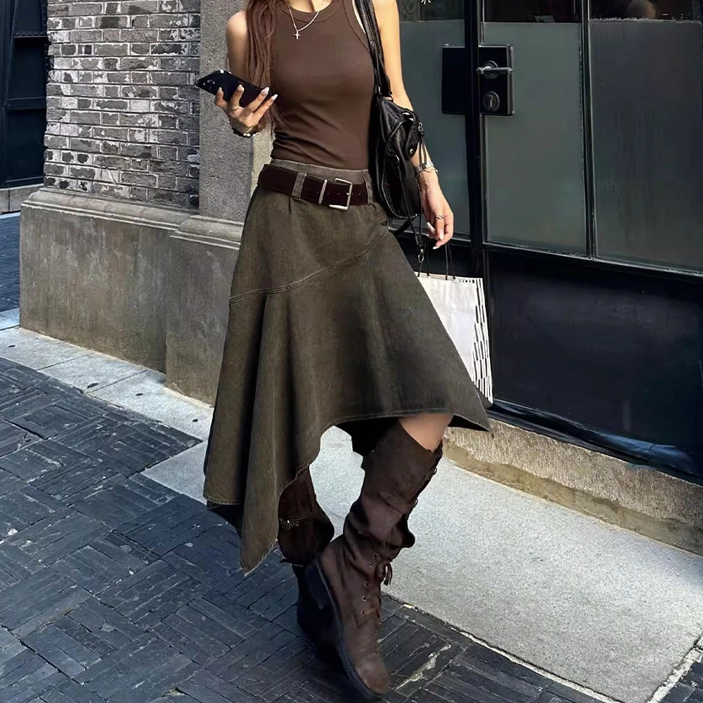 美式复古不规则半身裙女2025秋冬款设计感小众垂感酷飒a字伞裙潮