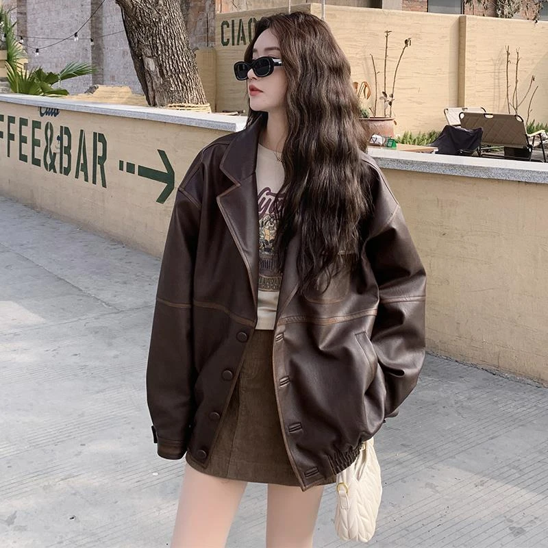 港风复古咖色皮衣外套女春秋2025年新款高级感炸街pu机车夹克上衣