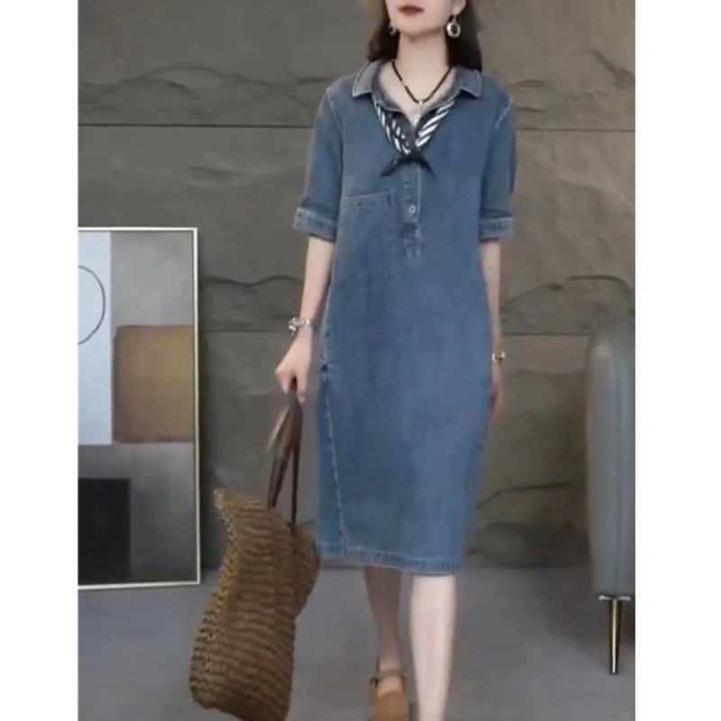 新款连衣裙翻领短袖宽松遮肉减龄女装