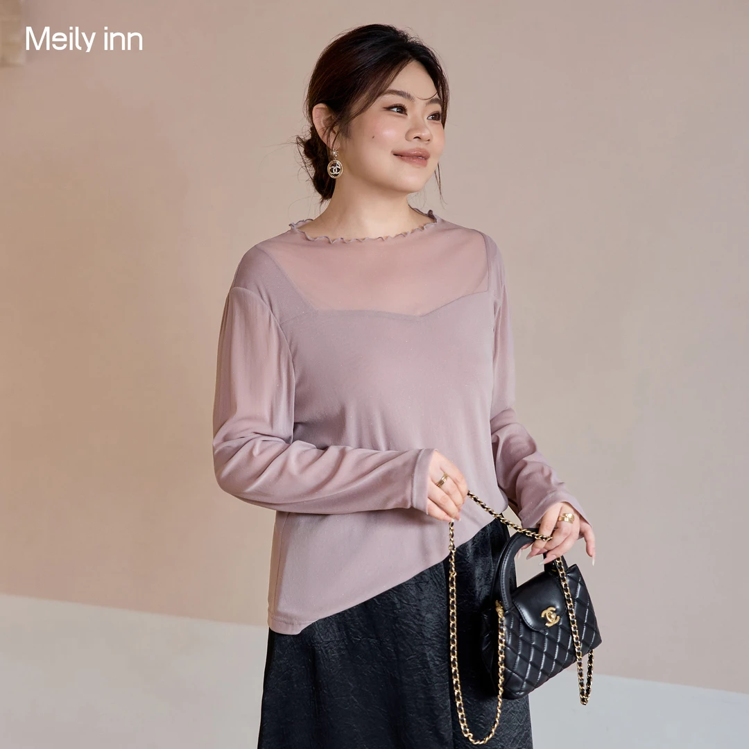 美丽客栈长袖T恤上衣女士大码木耳边圆领百搭休闲薄款细闪打底衫