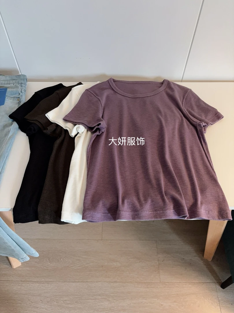 小紫。高级色调！正肩短袖时尚圆领百搭T恤3379