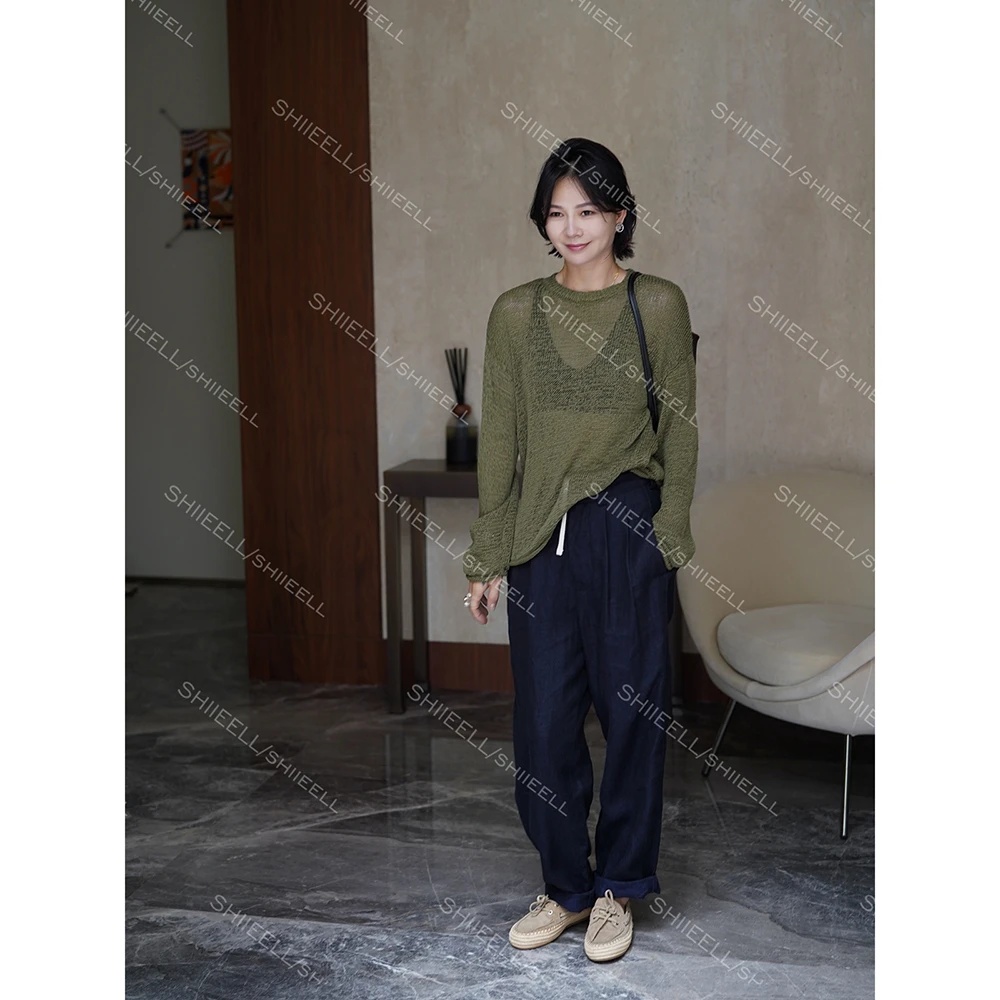 SHIIEELL100亚麻直筒裤夏季出行时尚户外高腰显瘦百搭休闲裤W0053