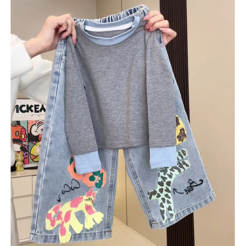 女童牛仔直筒裤春秋装2025新款洋气儿童宽松裤子宝宝春季阔腿长裤