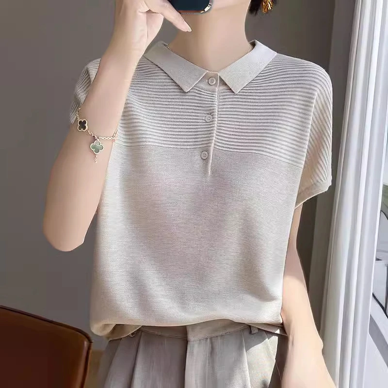 夏新款纯色季扣天丝短袖女简约百搭休闲翻领POLO针织衫背心T恤