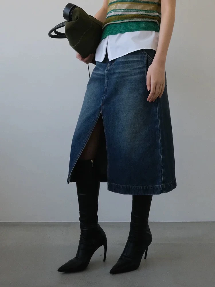 JUNWEILIN 猫须洗水色开衩半裙