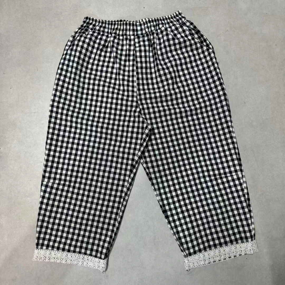 夏季新款裤脚花边格子休闲裤宽松哈伦裤17160
