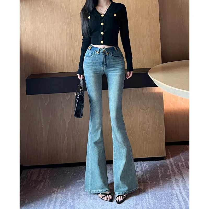 高腰微喇叭牛仔裤女2025早秋新款辣妹修身显瘦显高弹力百搭小个子