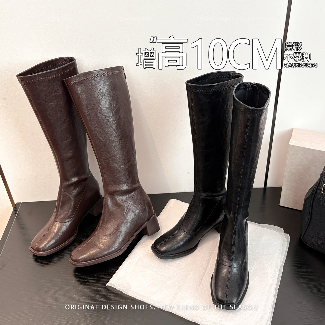 真皮复古粗跟内增高弹力瘦瘦靴女2025新款不过膝显瘦时装靴骑士靴