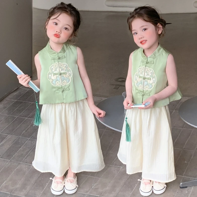 国风女童夏款唐装古风套装小女孩时髦新中式汉服夏季阔腿裤两件套