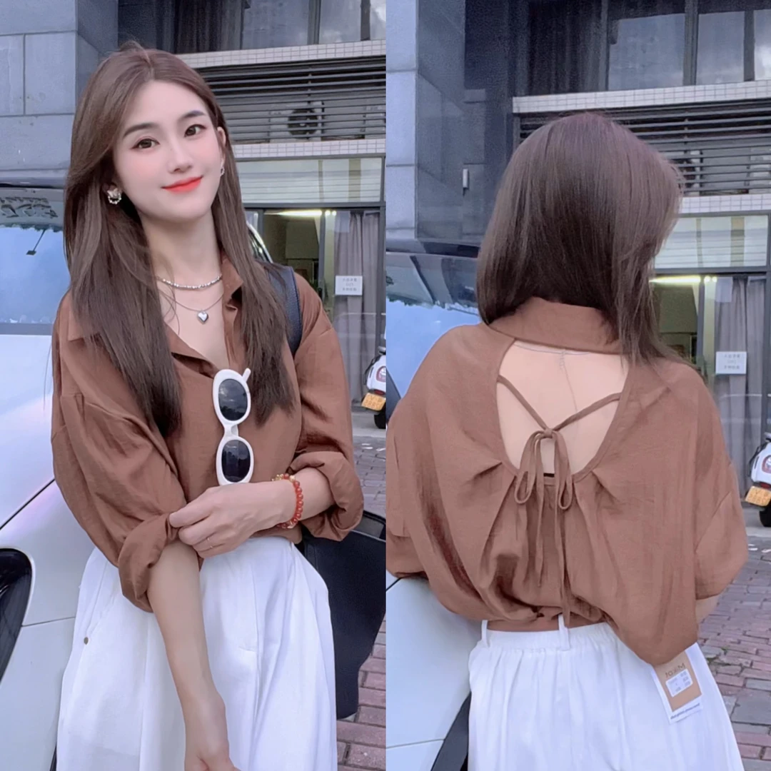 韩版轻薄透气防晒衬衫女2025夏季新款后背镂空宽松慵懒风气质衬衣