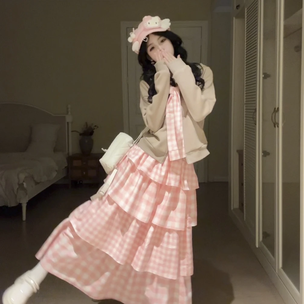 桔梗house翻糖少女【秋季新品】少女甜美学院风假两件外套蛋糕长裙