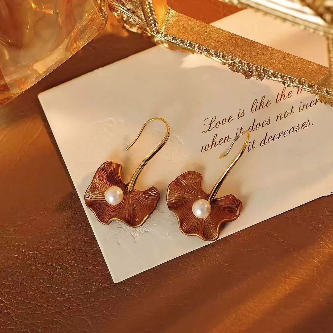 铜合金仿珍珠耳饰 TFY简约银杏叶耳环