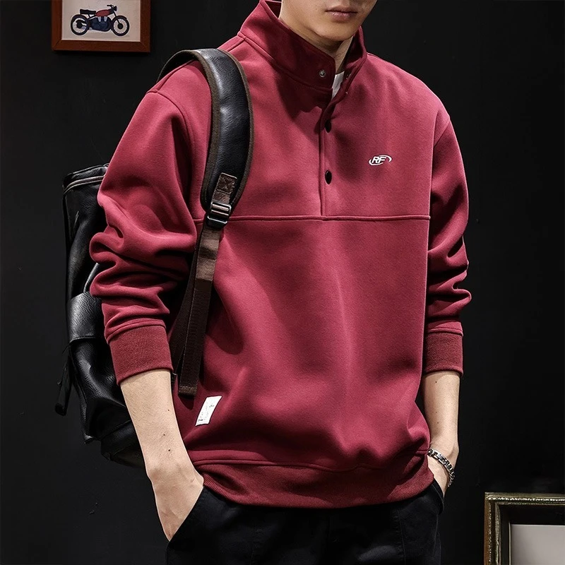 日系POLO立领卫衣男2026新款春秋季重磅宽松大码男装潮牌红色衣服