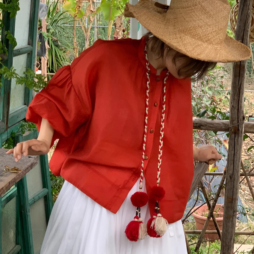 WOKERKER轻薄复古民族风纸片人显瘦灯笼袖衬衫（含编织流苏）