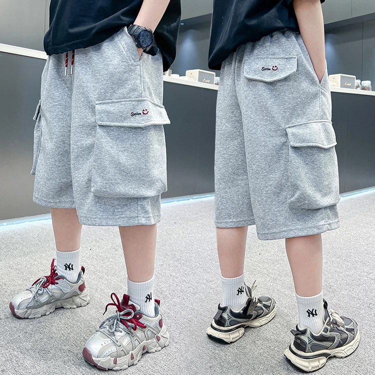 男童工装运动短裤夏季薄款中大童纯色笑脸时髦宽松儿童休闲五分裤