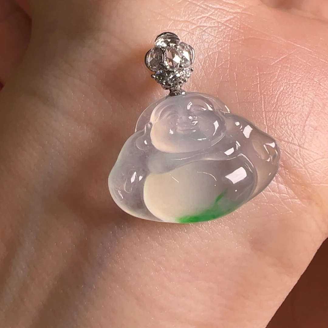 翡翠18K金镶嵌颈饰Y飘绿佛公