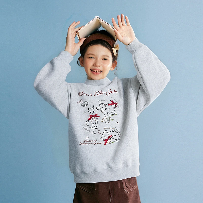 笛莎女童猫咪印花加绒卫衣秋冬中大童冬装儿童圆领上衣-7M2452203