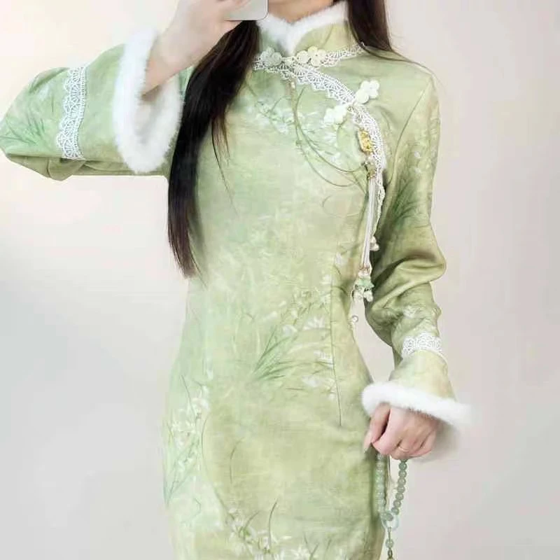 【仙踪】旗袍2025气质高端秋冬改良新中式少女年轻款日常加绒连衣裙