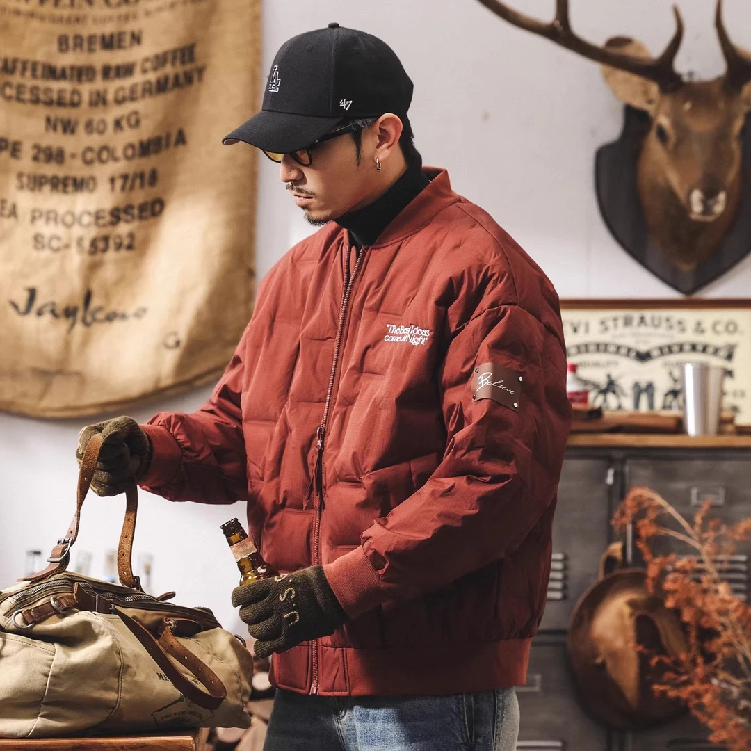 美式复古90鸭绒轻薄羽绒服男冬季保暖飞行夹克大码压花羽绒外套男