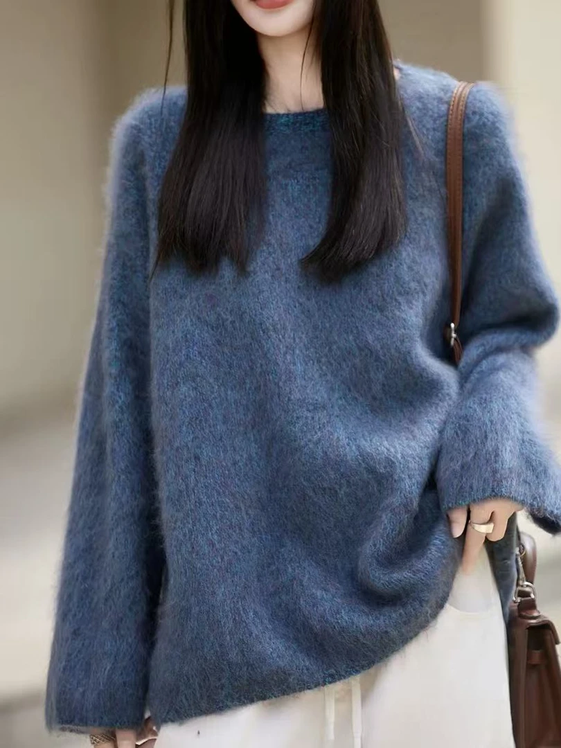 100%羊毛拉绒毛衣圆领慵懒风软糯亲肤百搭长袖针织衫上衣女新款
