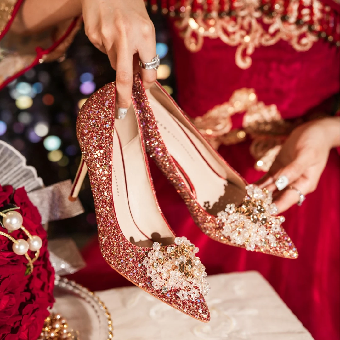 鞋漫916-50A时尚新款婚鞋喜庆女式高跟尖头红色高跟鞋宴会单鞋女