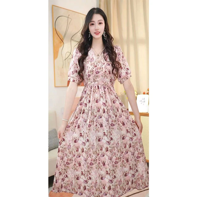 M789收腰时尚气质碎花中长款大码法式连衣裙遮字气质显瘦连衣裙