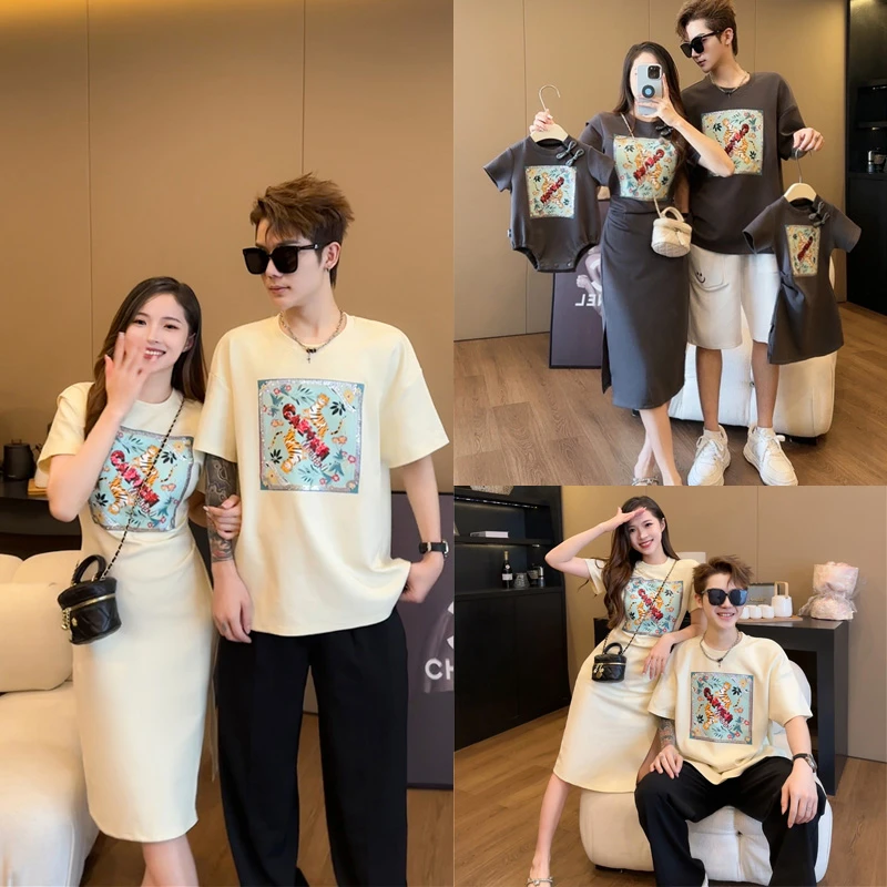 新高端亲子装+新款夏季一家三口四口母子母女短袖T恤全家装连衣裙