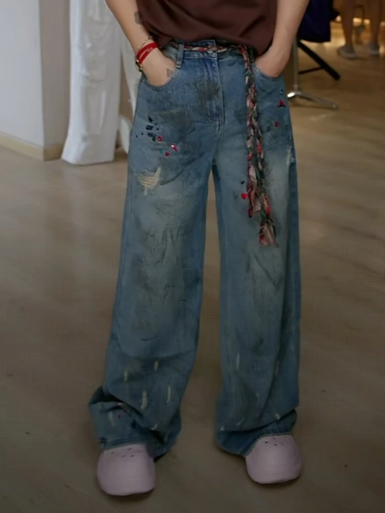 【济州岛】涂鸦破洞设计牛仔裤阔腿裤