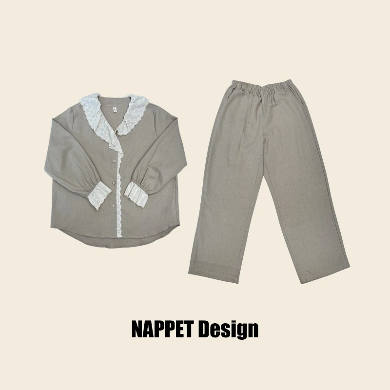 长款春夏长袖睡衣纯色女装家居服套装碎花收口袖口套装