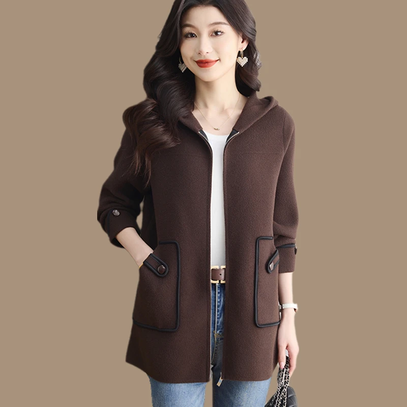 高贵上档次连帽针织开衫女秋冬新款大码宽松洋气加厚拉链毛衣外套