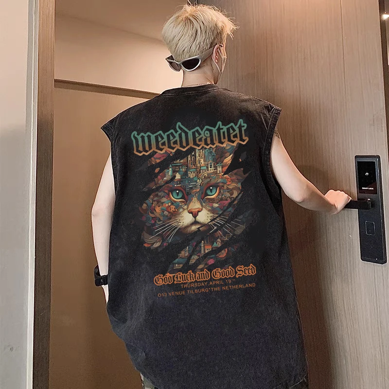 炫酷花猫纯棉背心男款美式休闲运动宽松汗衫潮流夏季水洗无袖T恤