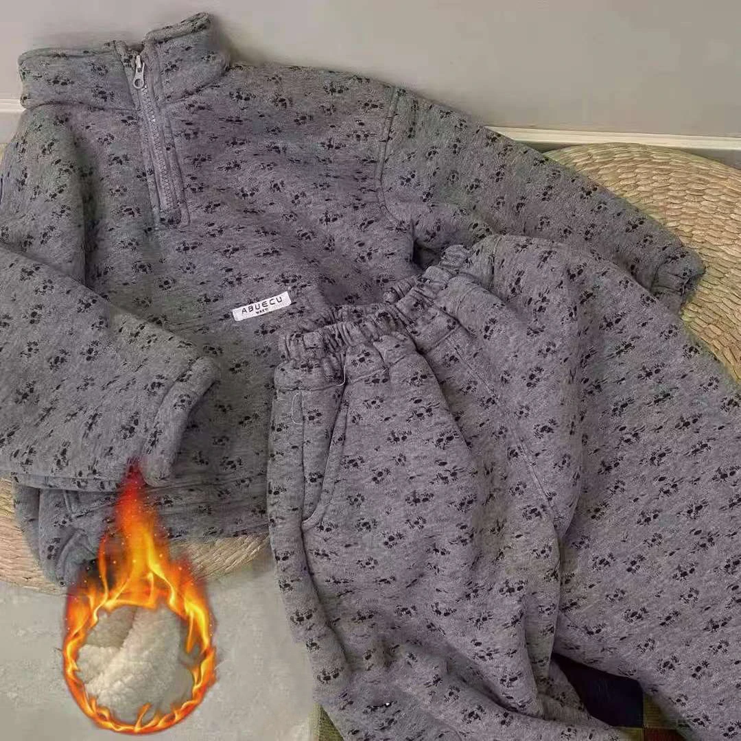 2025秋冬装女男童加厚韩套装儿童加绒加厚立领拉链卫衣卫裤两件套