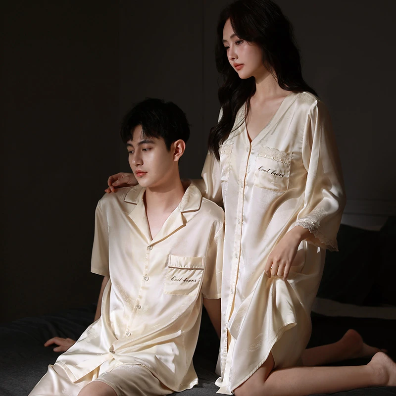 马克公主情侣睡衣夏季新款轻奢贵气感冰丝带胸垫睡裙法式家居服男