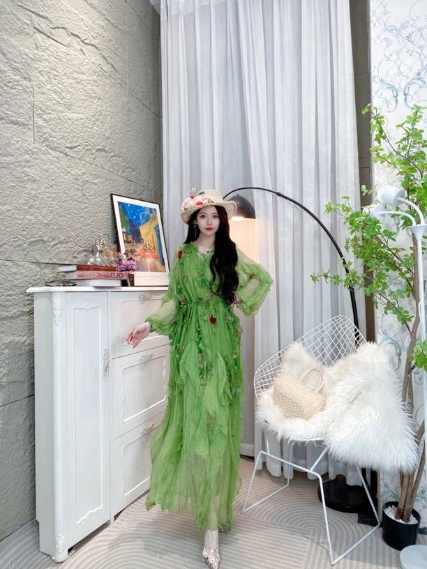 Bikamo/比卡陌早春新款拼接立体装饰长袖真丝连衣裙长裙Y9189-1绿