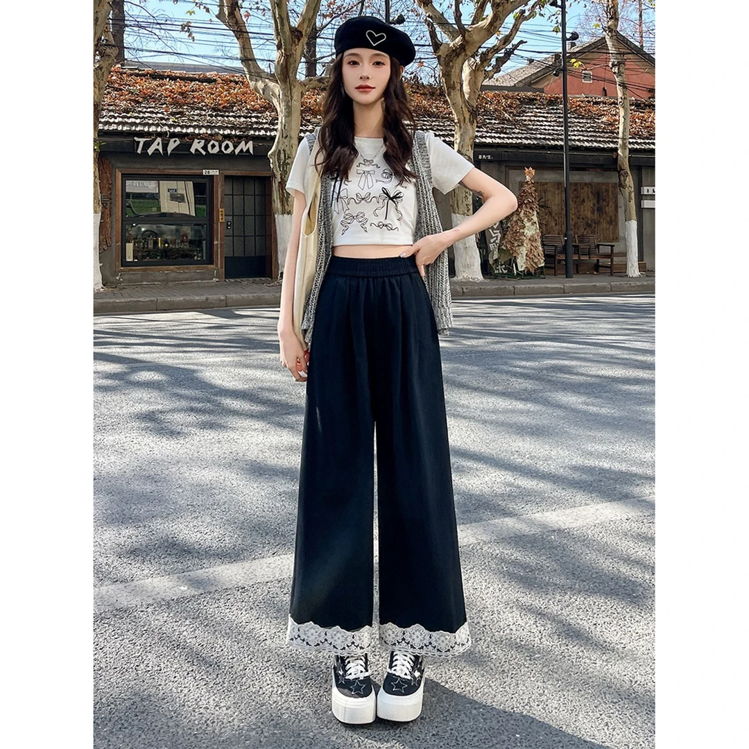 新款宽松直筒裤女高腰蕾丝边九分休闲裤吸湿透气阔腿裤百搭