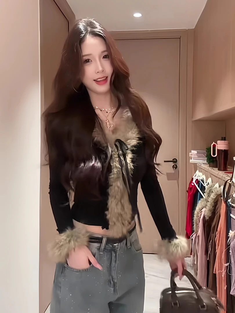 秋冬季新款毛领针织衫女长袖修身显瘦保暖内搭打底上衣氛围感毛衣