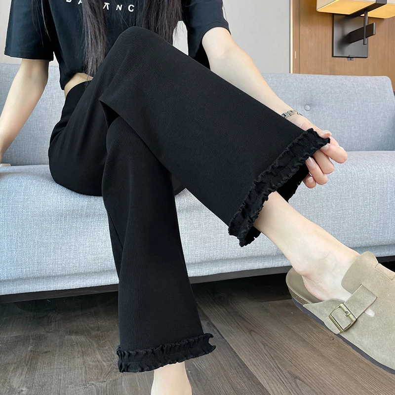 九分微喇裤女夏季薄款高腰显瘦黑色夏天大码休闲冰丝八分喇叭裤子