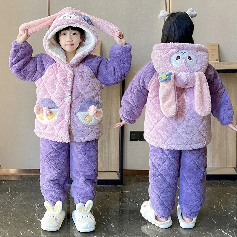儿童睡衣女童冬季三层夹棉珊瑚绒套装中大童法兰绒加绒加厚家居服