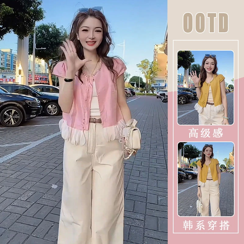 欧货设计感花瓣拼接短袖衬衫女2025夏时髦洋气上衣宽松休闲裤套装