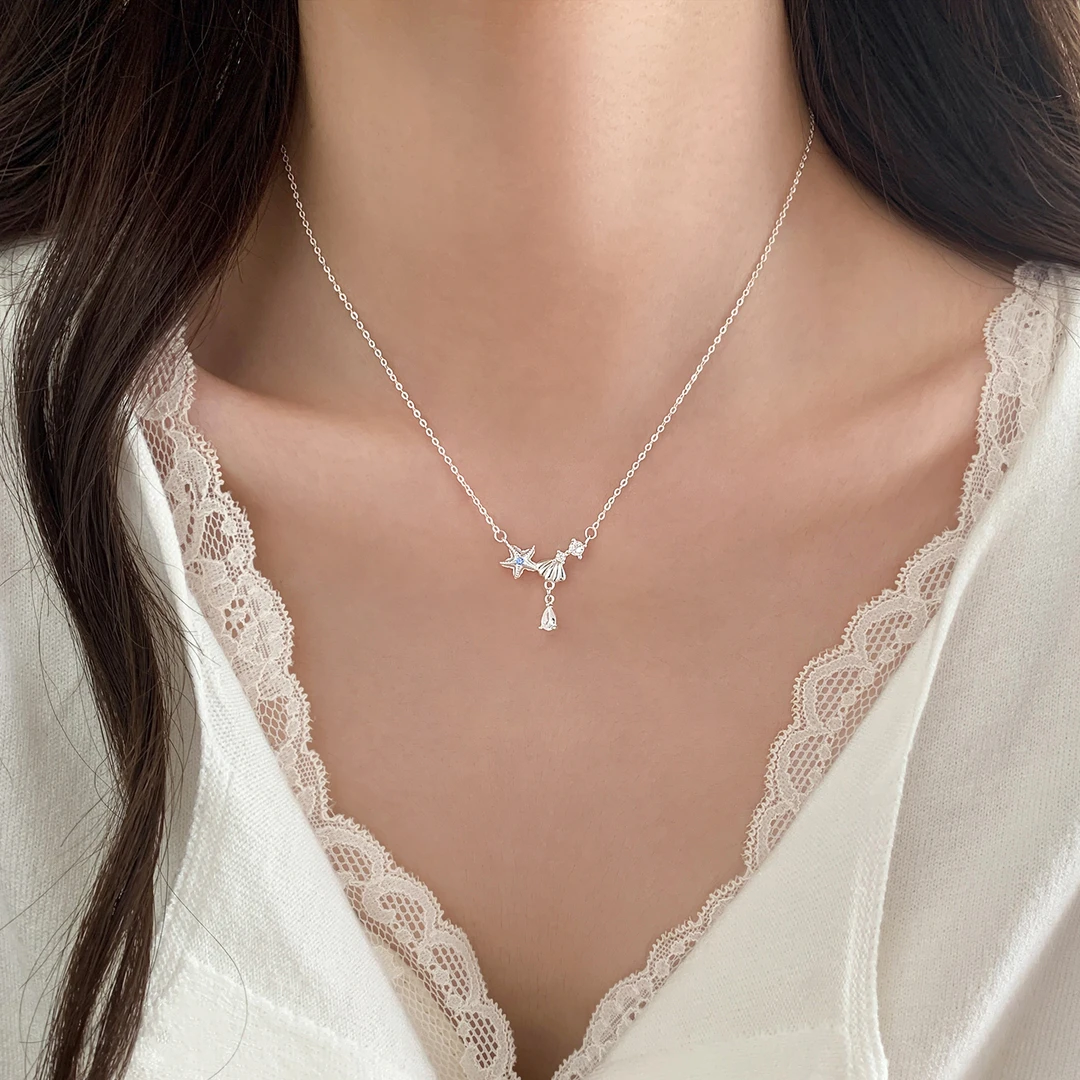 坠链均足银 999纯银海星贝壳项链清新小众气质时尚锁骨链女设计感