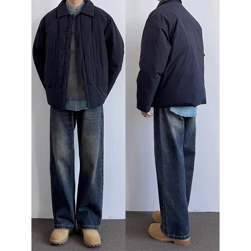 深蓝色牛仔裤男款秋冬季加绒加厚宽松阔腿裤子美式复古直筒工装裤