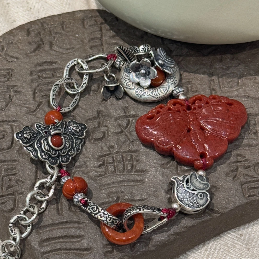 <一禅兄>S925银红翡翠蝴蝶南红镶嵌蝴蝶扣五瓣花尾坠多样性手链