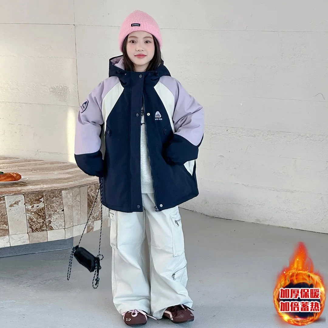 女童夹棉冲锋衣外套2025新款女大童秋冬季加厚派克服儿童冬装棉服