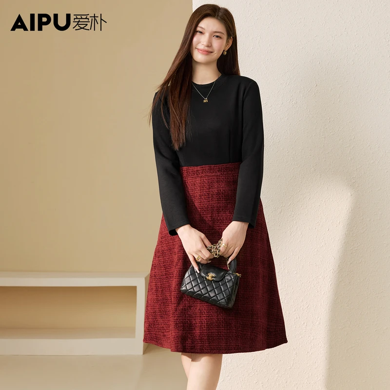 爱朴品牌大码女装时尚流行冬季新款假两件显瘦连衣裙32570