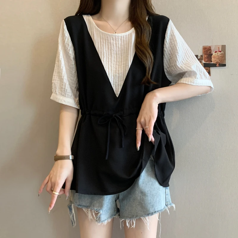 大码女装遮肚子假两件荷叶边短袖衬衫女夏季胖妹妹宽松显瘦雪纺衫