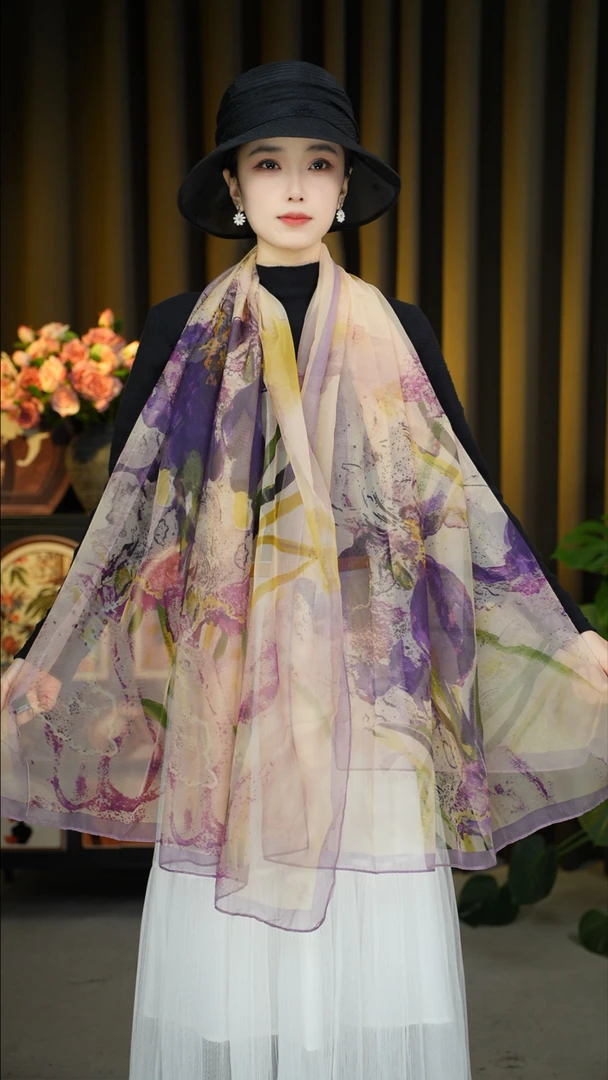 依彤 1-87【紫韵水仙花】云朵纱130x180左右丝巾沙滩巾 气质 洋气
